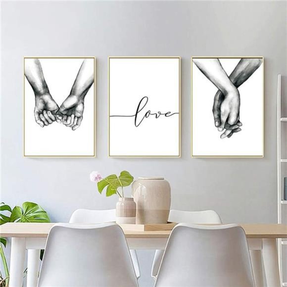 Love and Hand in Hand Wall Art Canvas Print Poster,Simple Fashion Black & White - Picture 3 of 5